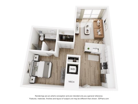 Floor plan for studio, 1 bath, 688 sqft